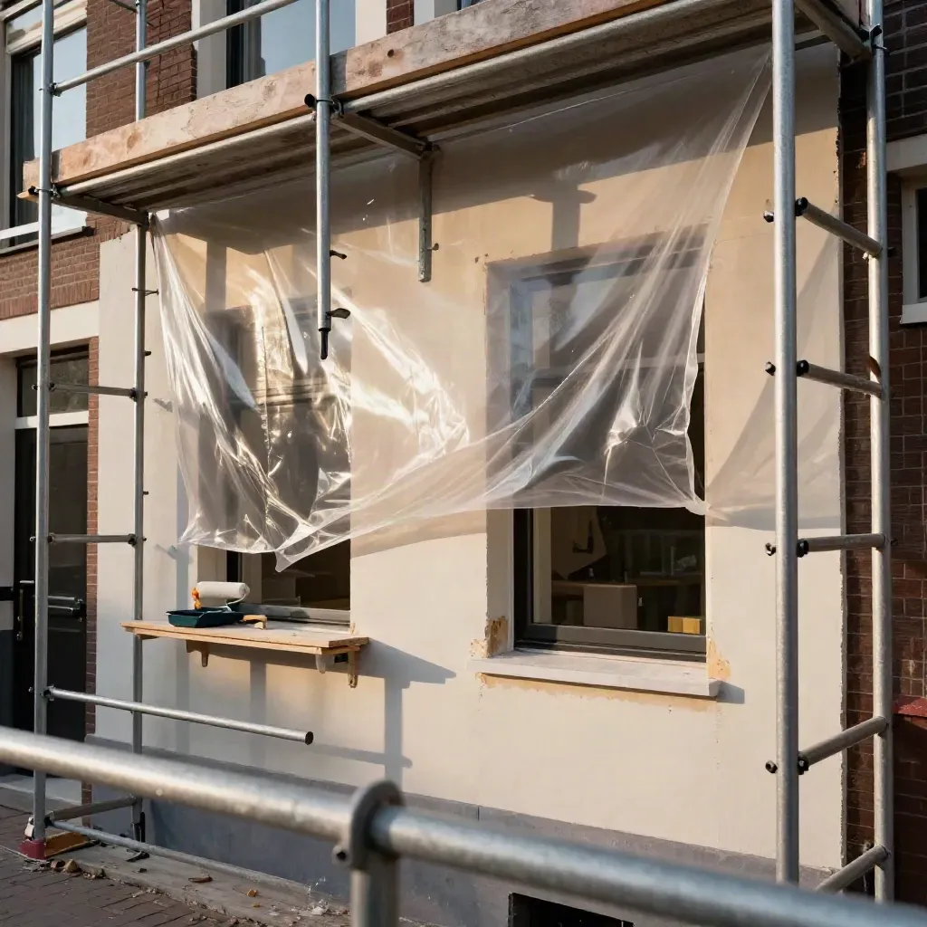 Nieuwbouwwoning in renovatie met steigers, folie en verfbak in warm middaglicht.