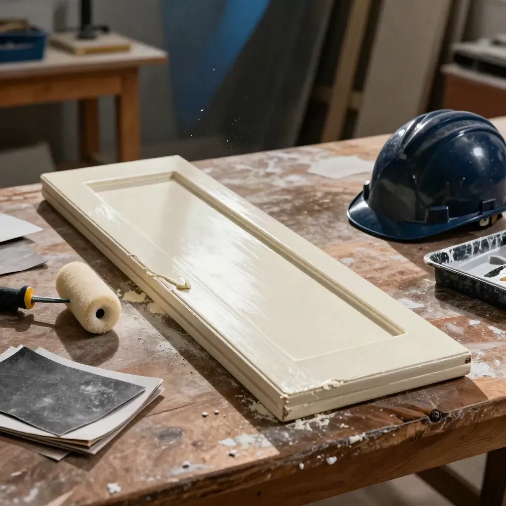 Testdeur met primer, roller, schuurpapier en helm op een lage werkbank in een leerwerkplek.