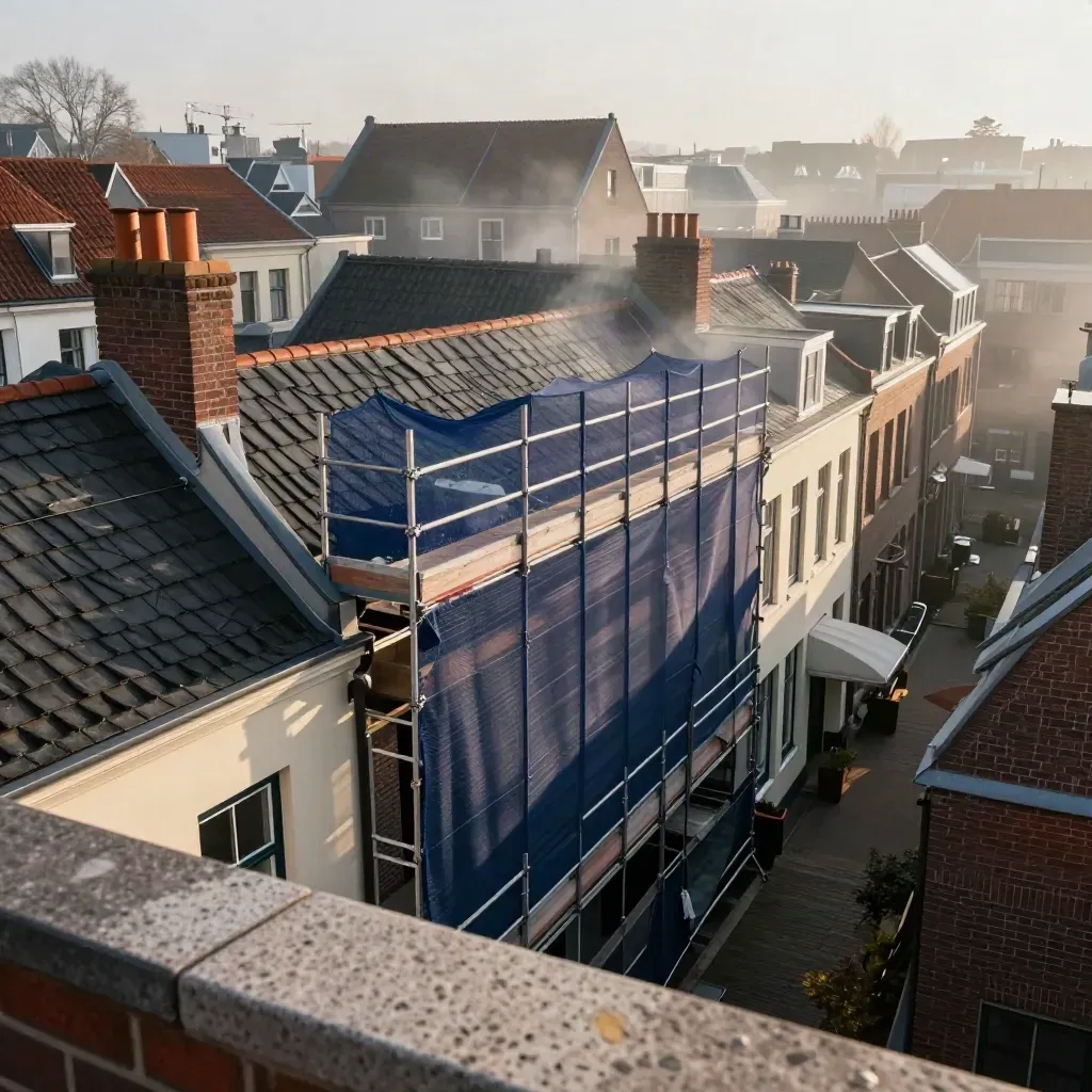 Steigers boven grachtenpanden in ochtendmist, gezien vanaf een dakterras in de Randstad.