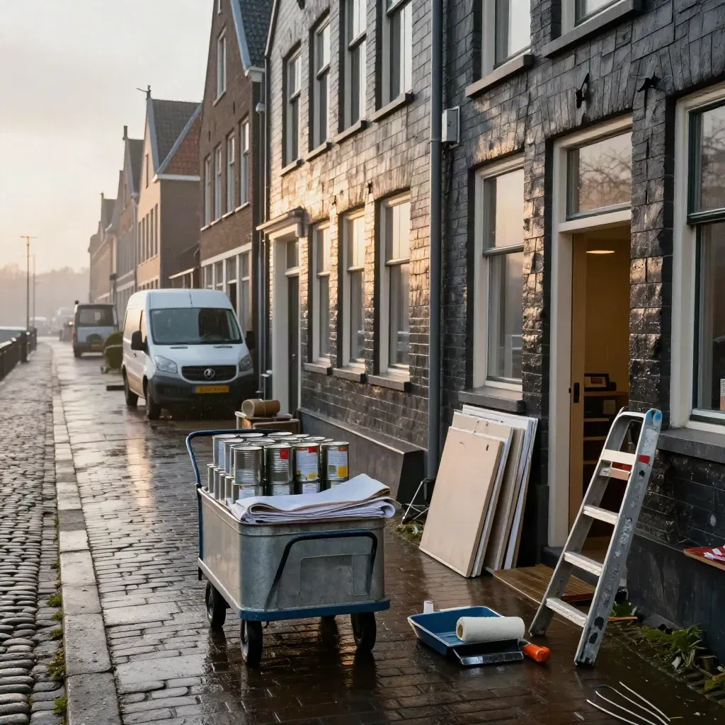 Werkplaats aan de haven met verfspullen, busjes en natte kasseien in de regen