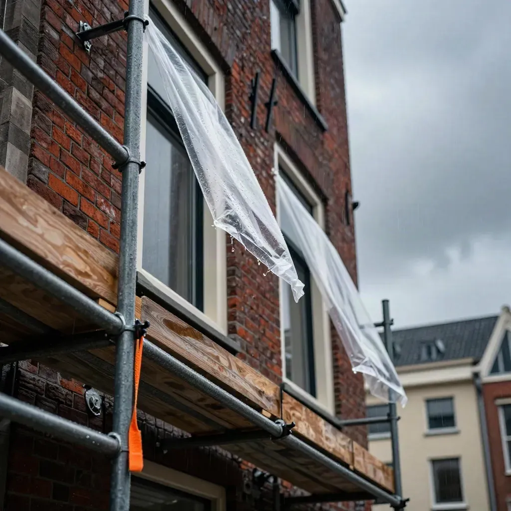 Regen trekt over steigers en folie bij een renovatiegevel met open kozijnen in Zuid-Holland.